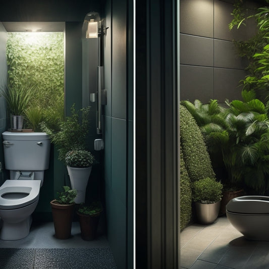 A split-screen image: on the left, a dirty and cramped outdoor toilet area with flies buzzing around, and on the right, a clean, modern toilet in a well-lit bathroom with a green plant nearby.