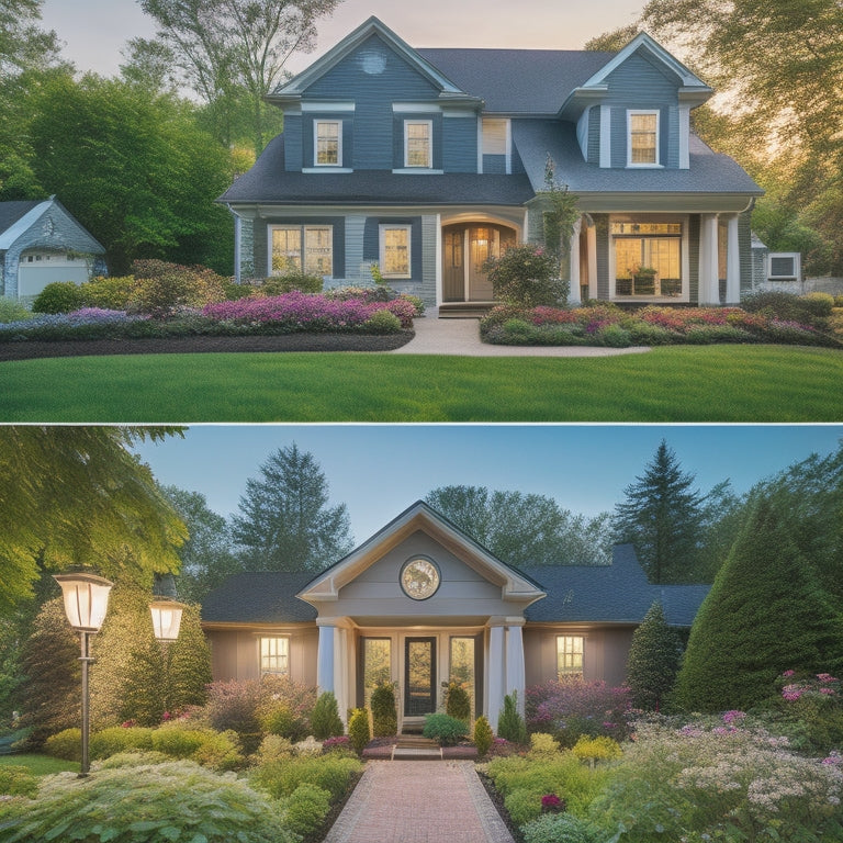 A serene, well-lit suburban home with a mix of modern and traditional architectural elements, featuring a prominent "before-and-after" style renovation, surrounded by lush greenery and blooming flowers.