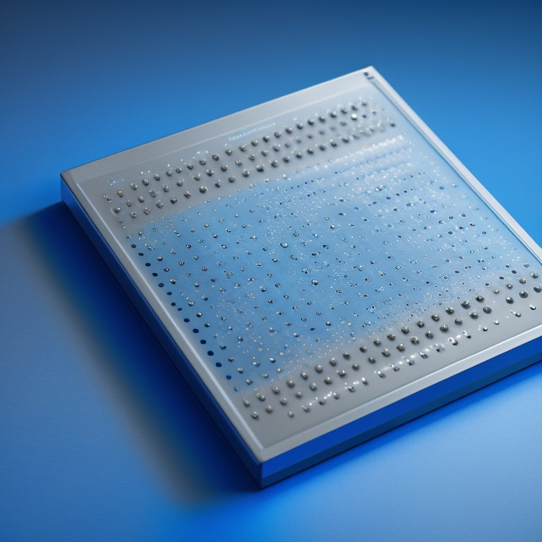 A futuristic, sleek, and silver Braille display with 40 cells, raised dots, and a modern ergonomic design, set against a gradient blue background with subtle circuit board patterns.