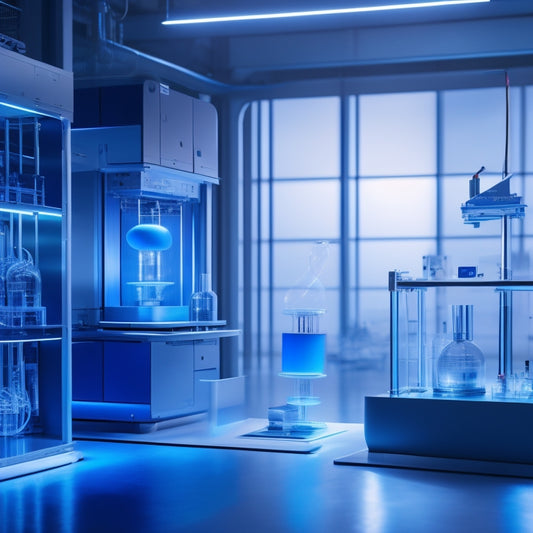 A minimalist, futuristic laboratory scene with sleek 3D printers, gleaming metallic components, and intricate, swirling designs suspended in mid-air, bathed in soft, pulsing blue light.