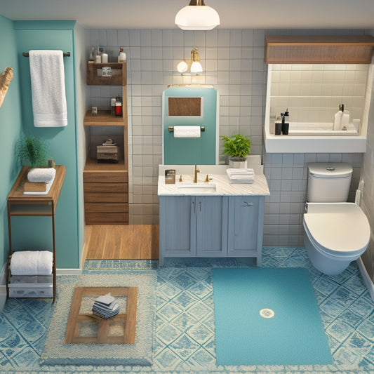 A stylized illustration of a bathroom floor plan with various fixtures and furniture, featuring a freestanding tub, separate shower, and double sink vanity, set against a soft, calming background.