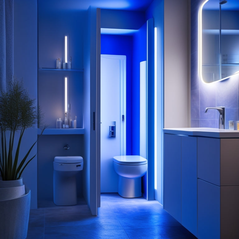 A modern bathroom with a sleek, wall-mounted medicine cabinet above a toilet, featuring a soft-close door and LED strip lighting that wraps around the edges, illuminating the interior in a warm, blue-white glow.