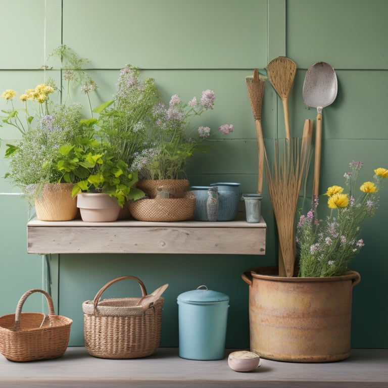 A serene, pastel-hued still life featuring a distressed wooden shelf adorned with potted blooming flowers, woven baskets, and vintage gardening tools, set against a soft, white-washed wooden backdrop.