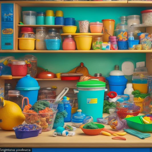 A chaotic kitchen cabinet overflowing with mismatched containers, expired food, and tangled utensils, with a faint outline of a frazzled parent in the background, surrounded by toys and clutter.