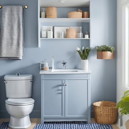 A clutter-free, modern small bathroom with a sleek, wall-mounted cabinet above the sink, a pedestal sink with a slide-out storage drawer, and a woven basket underneath, surrounded by calming, soft blue walls.