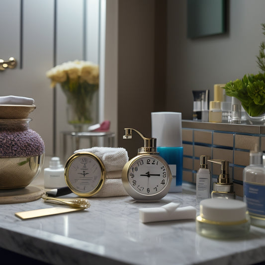 A cluttered bathroom countertop with toiletries and beauty products scattered everywhere, with a clock in the background displaying 59 minutes, transforming into a tidy space with organized storage and a clean sink.