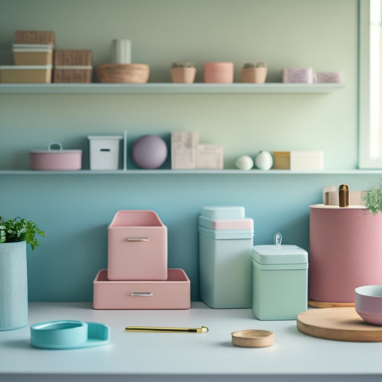 A serene, minimalist desk scene featuring a set of pastel-colored, labeled storage containers in various sizes, arranged neatly on a wooden shelf, surrounded by a few, carefully placed office supplies.