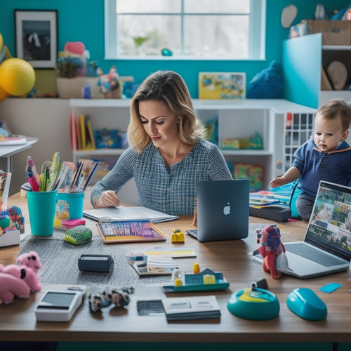 A serene, modern workspace with a busy mom in the background, surrounded by toys and baby gear, while a tidy desk in the foreground features a planner, laptop, and a few, carefully arranged, colorful pens.