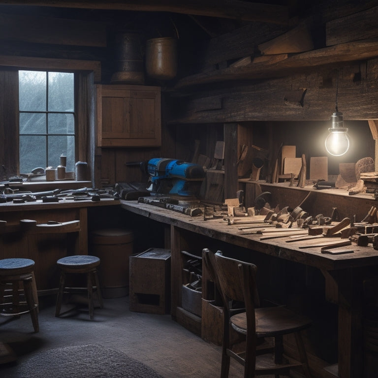 A dimly lit, rustic woodworking shop with scattered tools, half-finished projects, and a few scattered Post-It notes on a wooden workbench, surrounded by worn, wooden stools.