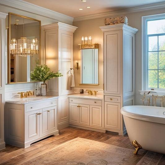 A luxurious bathroom with a large, wall-to-wall mirror, a freestanding tub, and a floor-to-ceiling cabinet with glass doors, showcasing various cabinet styles, shapes, and sizes in warm, neutral tones.