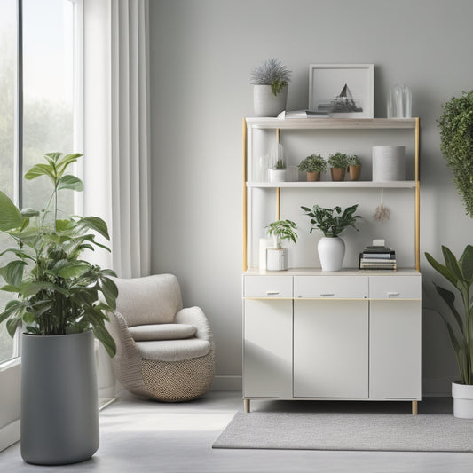 A serene and tidy living room with a minimalist aesthetic, featuring a sleek white desk with a single, potted green plant, and a few neatly labeled storage bins against a calm, light-gray background.