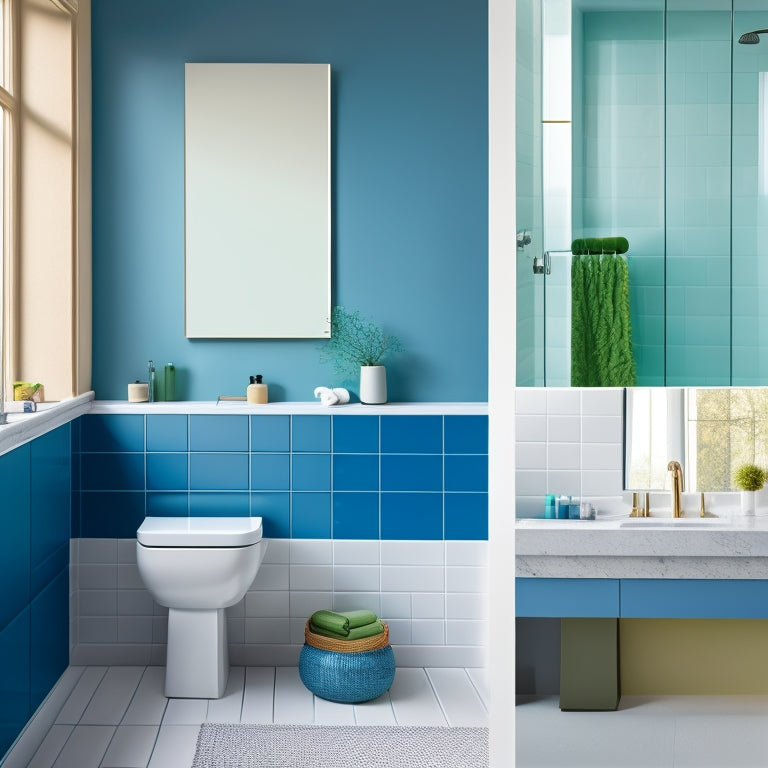 A minimalist bathroom with 5-7 large, rectangular wall swatches in varying modern colors: bold blues, soft greens, warm neutrals, and rich jewel tones, arranged artfully on a crisp white background.