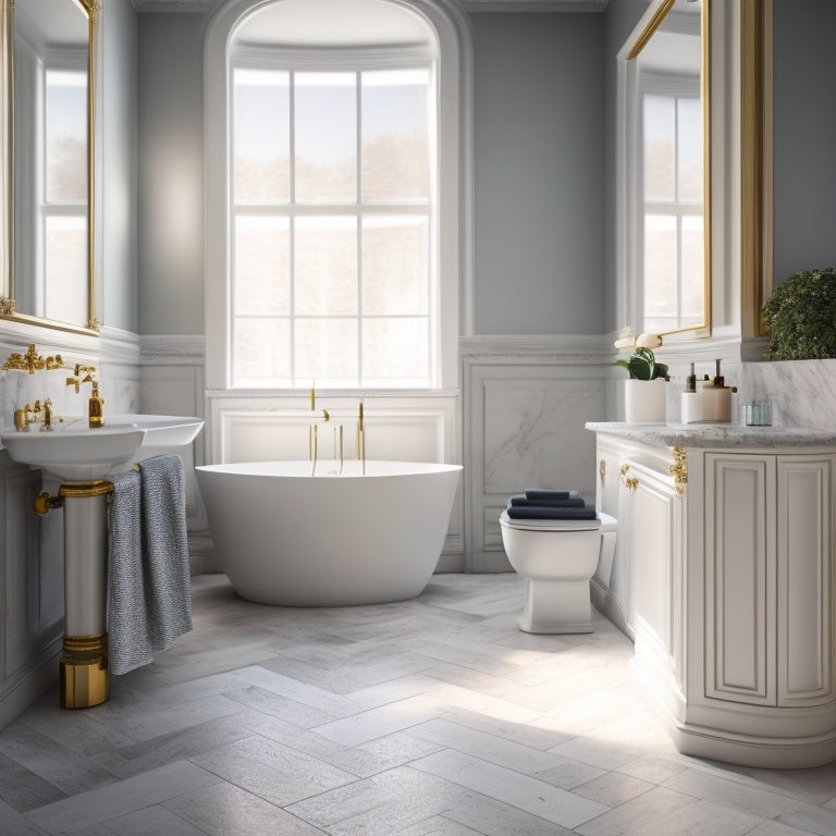 A modern bathroom with a freestanding tub, surrounded by marble flooring and walls, featuring three pedestal sink options in different shapes, sizes, and materials, with subtle lighting and soft shadows.