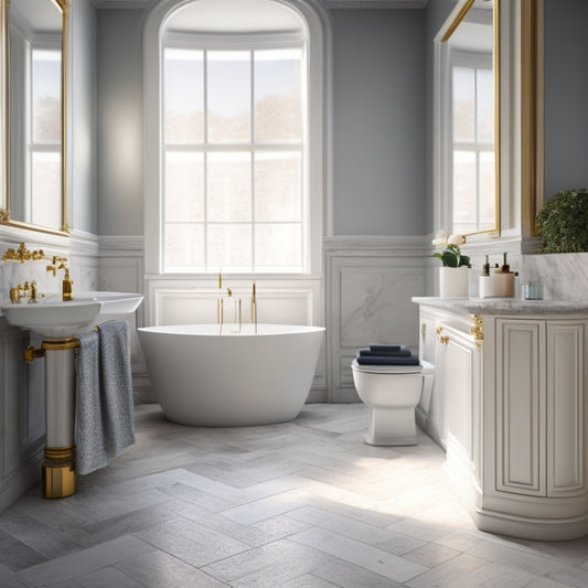 A modern bathroom with a freestanding tub, surrounded by marble flooring and walls, featuring three pedestal sink options in different shapes, sizes, and materials, with subtle lighting and soft shadows.