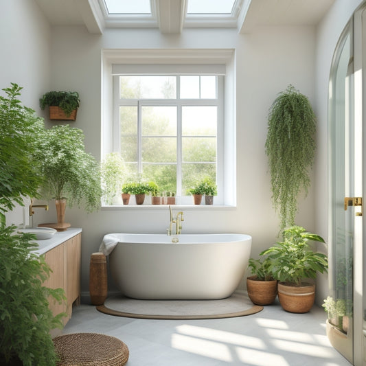 A serene, white-tiled bathroom with a freestanding tub, surrounded by sparse greenery, and a single, oversized skylight above, casting a warm, natural glow.