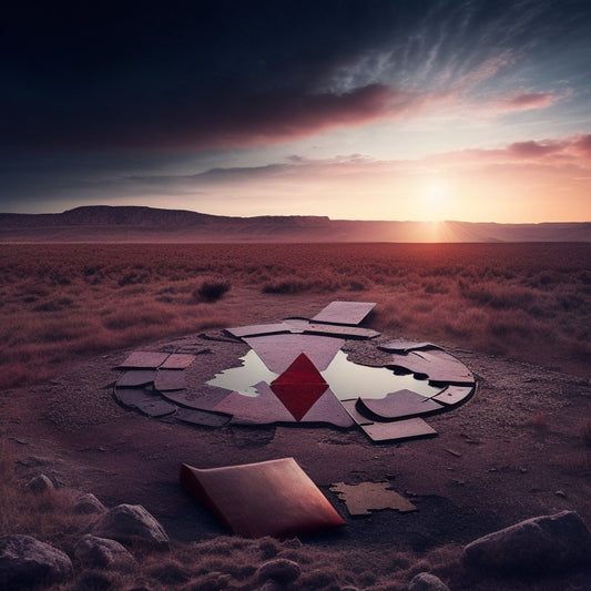 A dark, ominous landscape with a faint image of the Earth in the background, overshadowed by a massive, twisted puzzle piece with a red "X" marked through it, surrounded by scattered, torn climate protest signs.