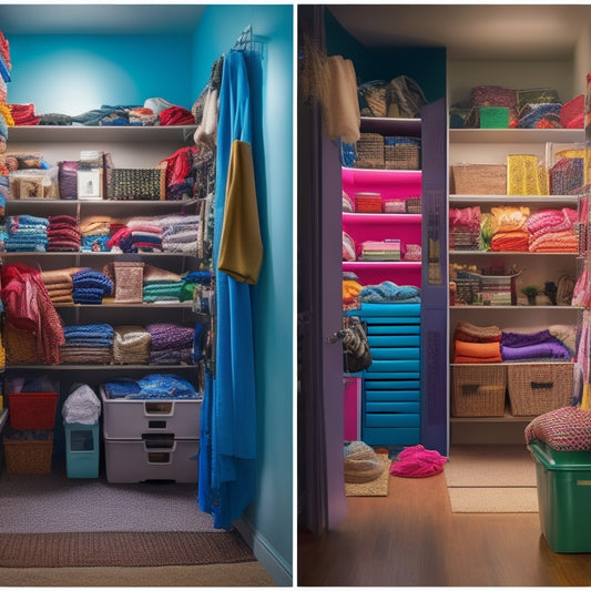 A before-and-after split-screen image: a cluttered, dimly lit closet with tangled cords and scattered items, contrasted with a tidy, well-lit space featuring color-coded labels and organized storage bins.