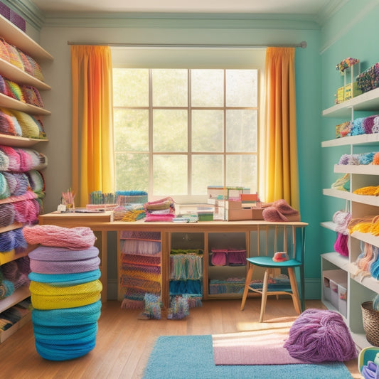 A tidy craft room with a wooden desk, surrounded by pastel-colored fabric scraps, threads, and yarns, featuring a hanging organizer with 12 pockets in a gradient of bright colors.