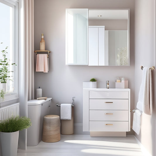 A sleek, modern bathroom corner featuring slimline storage units in soft pastel colors, showcasing neatly organized toiletries, towels, and decor, with natural light filtering through a frosted window, creating a serene, minimalist ambiance.