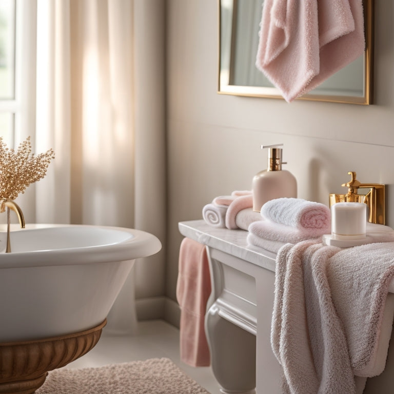 A serene bathroom scene with soft, warm lighting, featuring a plush Angel Soft bath mat, a few rolled towels, and a delicate flower vase on a sleek countertop, surrounded by gleaming fixtures.