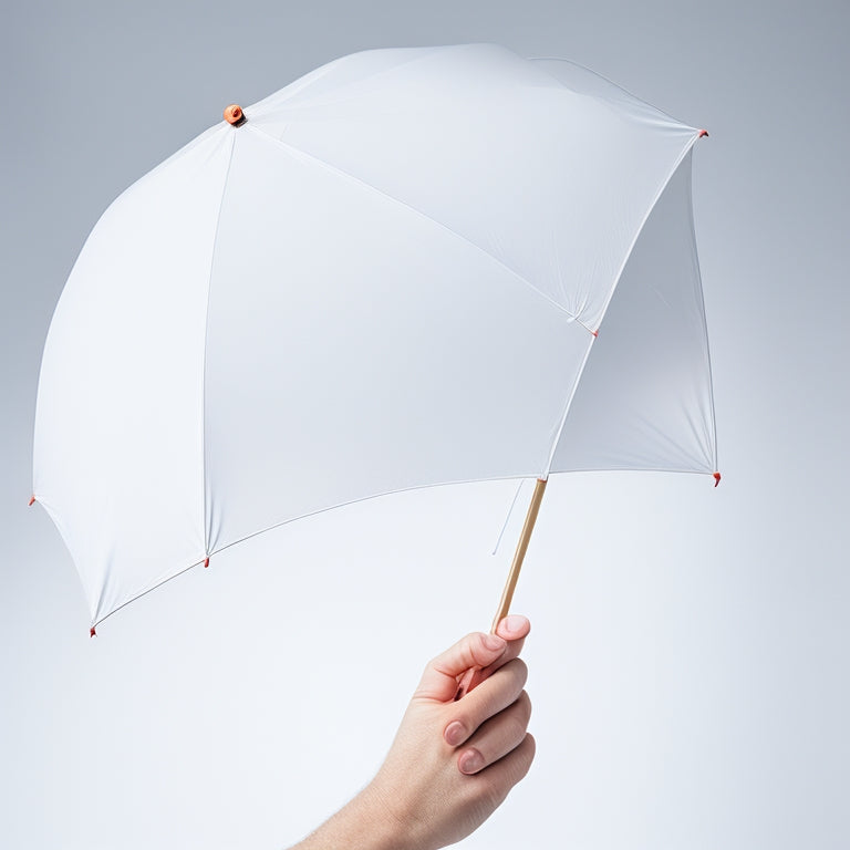 A person's hands holding an umbrella cover, with the Velcro straps and elastic edges visible, positioned above a closed umbrella, against a clean and minimalist white background.