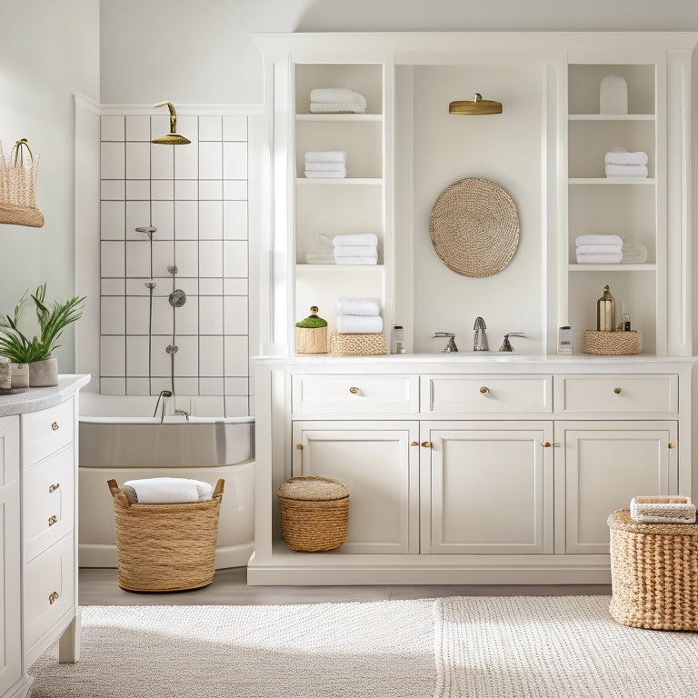 A serene, clutter-free bathroom with a sleek, white bathtub surrounded by custom-built shelves, woven baskets, and a tall, slender storage cabinet, all in a calming, spa-inspired aesthetic.