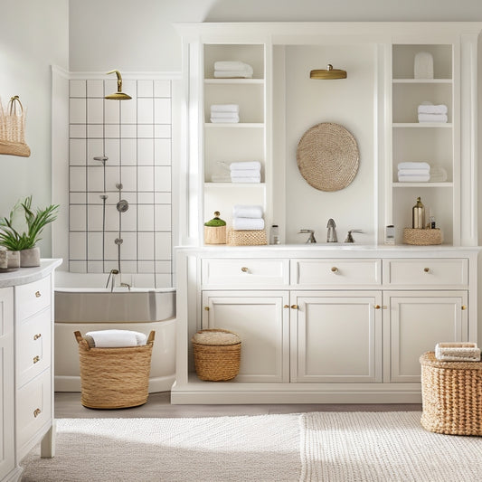 A serene, clutter-free bathroom with a sleek, white bathtub surrounded by custom-built shelves, woven baskets, and a tall, slender storage cabinet, all in a calming, spa-inspired aesthetic.