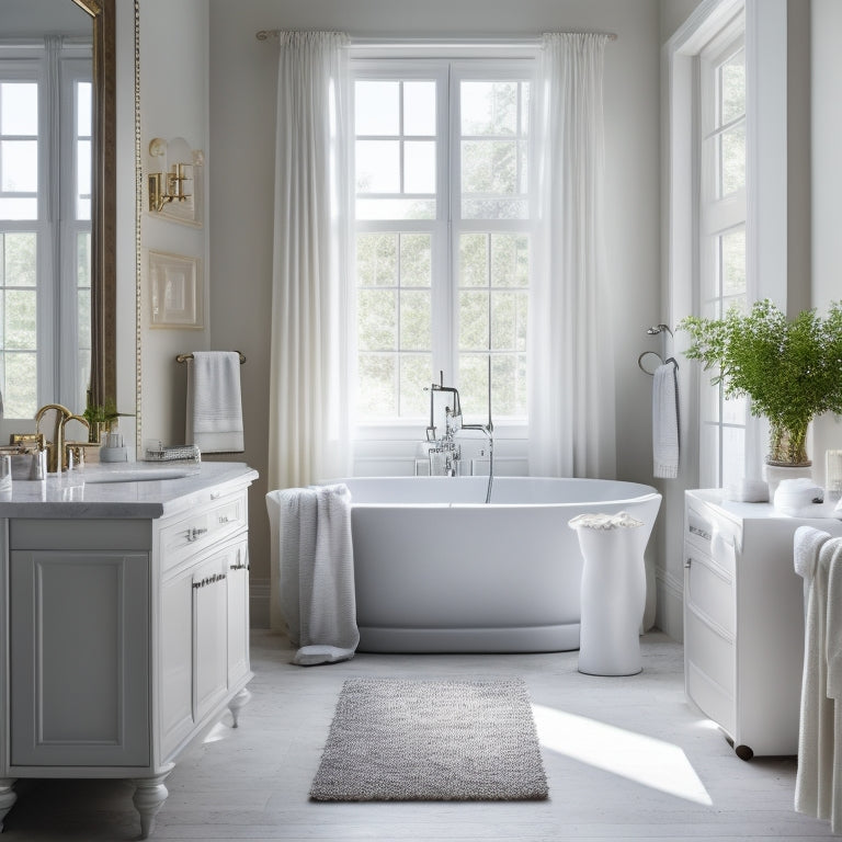 A serene bathroom scene featuring five different white free-standing cabinets with varied shapes, sizes, and handles, arranged artfully around a freestanding tub and a large window with soft, billowy curtains.