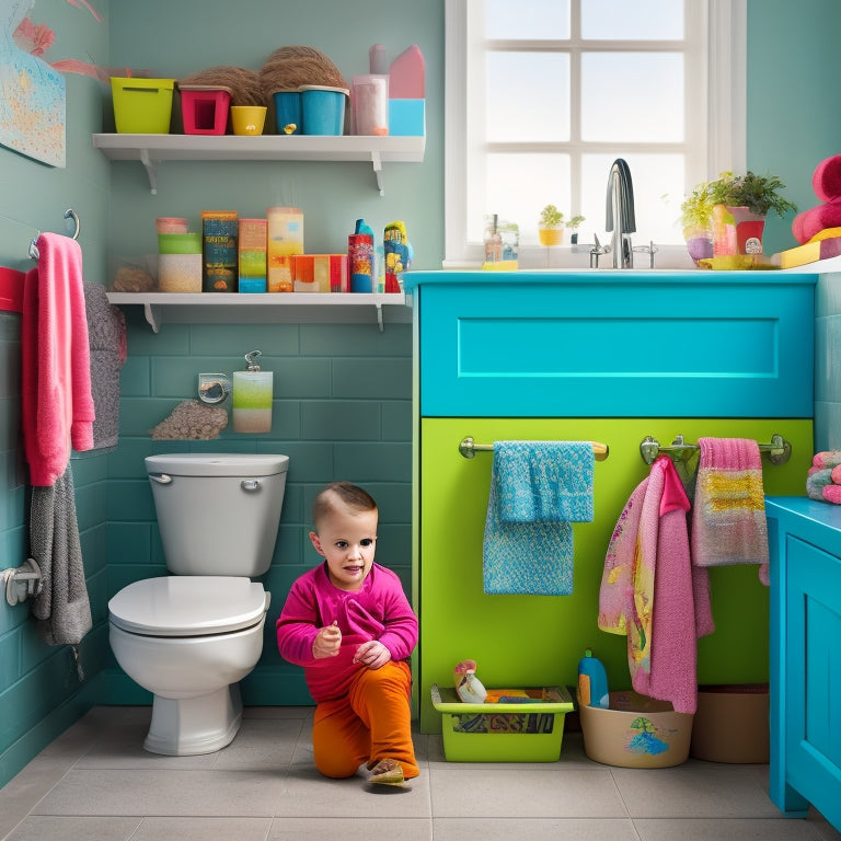 A colorful, well-organized bathroom with a step stool, a toddler sitting on the edge of a bathtub, and multiple storage units such as baskets, shelves, and a pedestal sink with a cabinet underneath.