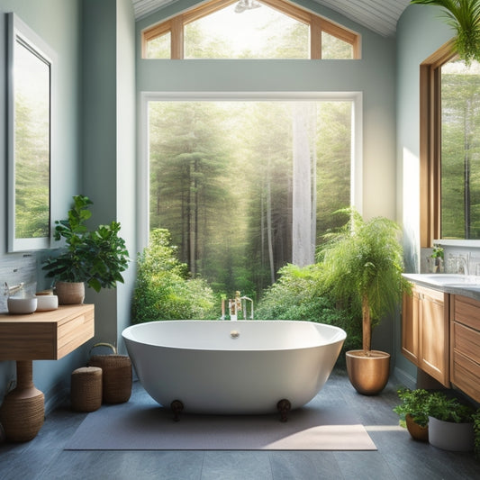 A serene bathroom featuring a freestanding tub, surrounded by calming greenery, with a large skylight above, and a mix of modern fixtures and natural stone accents.