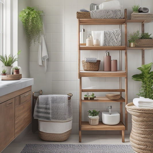 A tidy bathroom with a mix of modern and rustic elements, featuring a floating wooden shelf with woven baskets, a decorative ladder with rolled towels, and a few potted plants on the countertop.