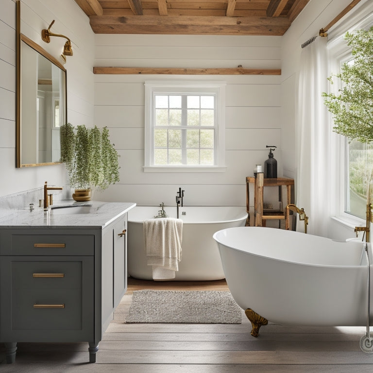 A serene, modern farmhouse-style bathroom featuring a freestanding tub, reclaimed wood accents, and a mix of matte black and brass fixtures, set against a calming white and gray color palette.