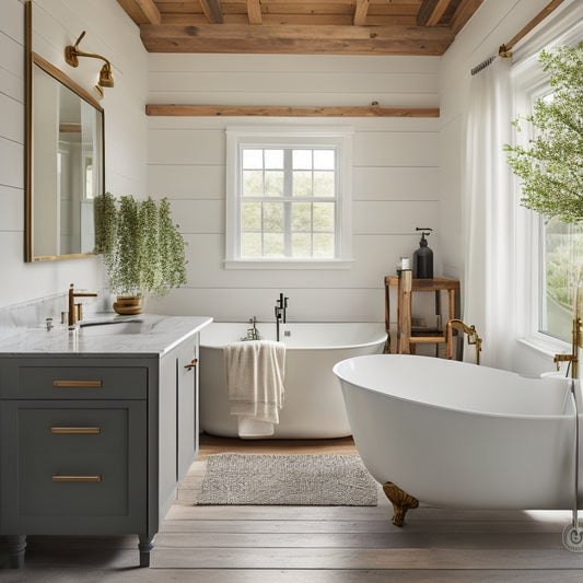 A serene, modern farmhouse-style bathroom featuring a freestanding tub, reclaimed wood accents, and a mix of matte black and brass fixtures, set against a calming white and gray color palette.