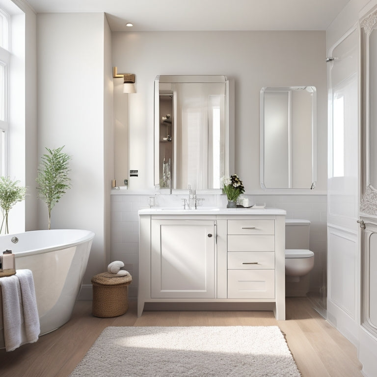 A sleek, modern bathroom with a corner cabinet featuring soft-close doors, chrome handles, and a mirrored front, surrounded by cream-colored walls, white countertops, and a freestanding tub.