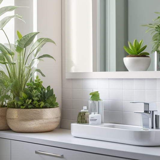 A serene bathroom with a sleek, white countertop featuring two floating shelves in a polished chrome finish, holding a few, carefully arranged toiletries and a small potted plant.