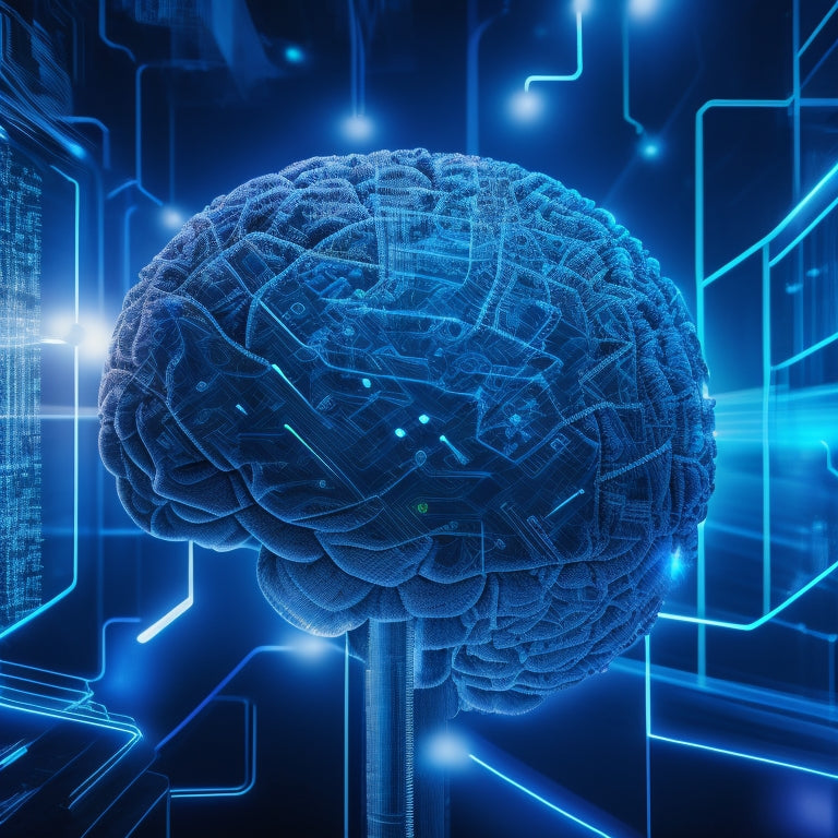 A futuristic brain with glowing blue circuits and sparks, surrounded by orbiting gears, graphs, and miniature people, set against a dark blue background with subtle grid patterns.