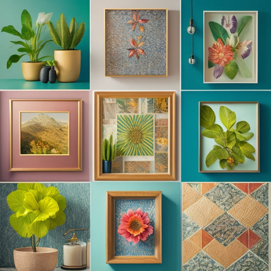 A collage of 9-12 bathroom wall art pieces showcasing diverse styles, from abstract geometric patterns to botanical illustrations, in a 3x3 or 3x4 grid, with contrasting frame colors and shapes.