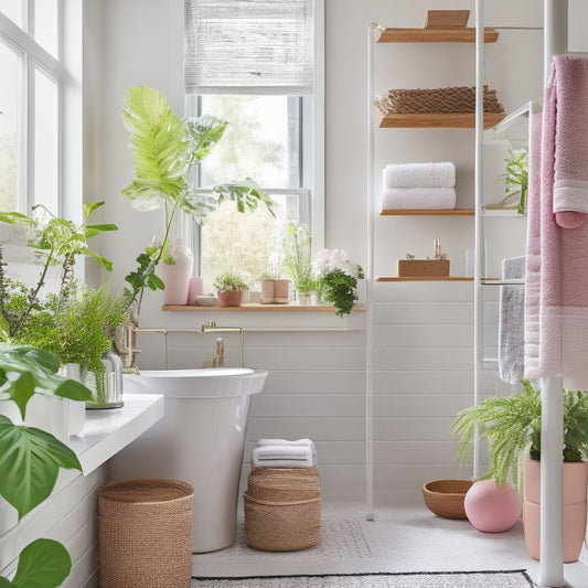 A cozy bathroom featuring sleek, white ladder shelves adorned with vibrant potted plants, neatly arranged towels, and stylish toiletries, all set against soft, pastel-colored walls and a bright window allowing natural light to filter in.