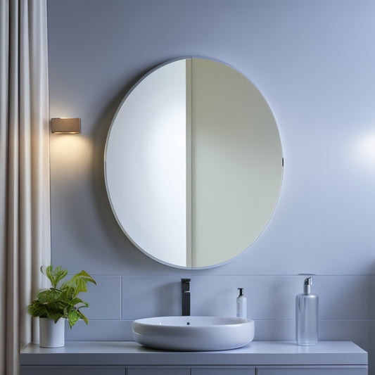 A sleek, wall-mounted medicine cabinet with a large, rounded vanity mirror and ambient LED lighting, set against a crisp white background with subtle gray veins, surrounded by minimalist bathroom fixtures.