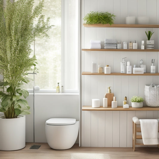A serene minimalist bathroom featuring sleek floating shelves, a clear glass shower, natural wood accents, neatly organized toiletries in elegant containers, and a tranquil potted plant to evoke a sense of calm and simplicity.