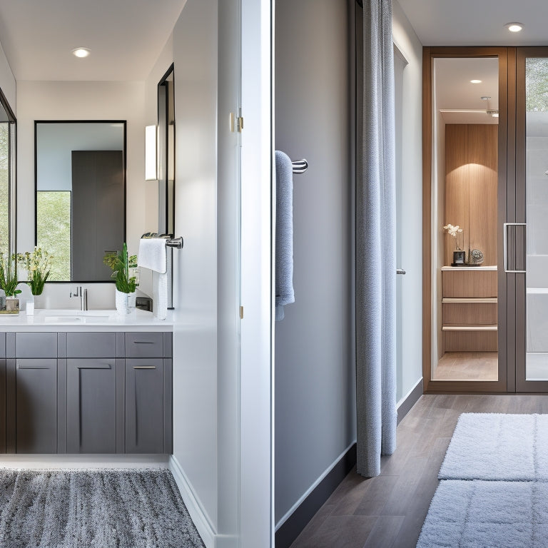 A modern bathroom with a sliding glass door, dual sink vanity, and a floor-to-ceiling closet with mirrored doors, showcasing a compact yet functional layout.