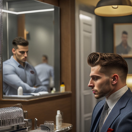 A clean, modern barber shop interior with sleek equipment, a stylishly dressed barber in the background, and a spotlight shining on a perfectly coiffed male model in the foreground.