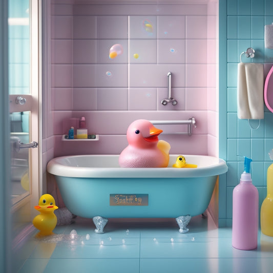 A whimsical illustration of a smiling toothbrush, soap bubbles, and a rubber ducky surrounding a bathroom door with a customizable sign, set against a soft, pastel-colored background with subtle water splashes.