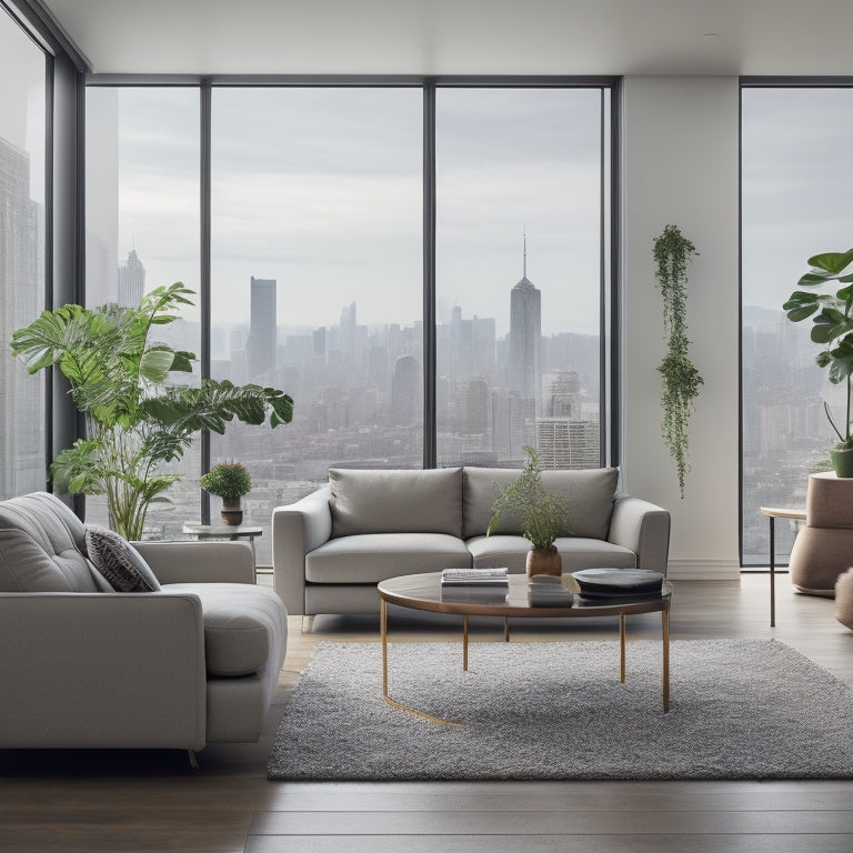 A serene, minimalist living room with a few, carefully-placed potted plants, a sleek, low-profile couch, and a floor-to-ceiling window with a cityscape view.