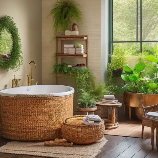 A serene, spa-inspired bathroom featuring a reclaimed wood vanity with woven rattan baskets, a living wall with lush greenery, and a freestanding tub surrounded by natural stone and potted plants.