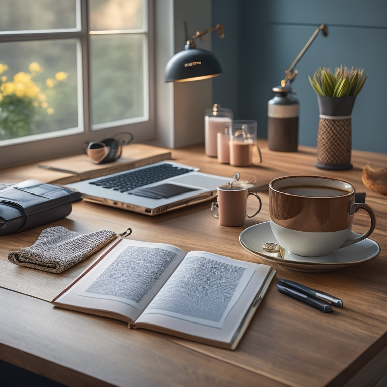 A serene morning scene: a tidy desk with a planner, a cup of coffee, and a laptop, surrounded by a few carefully placed essential items, set against a soft, warm, and calming background.