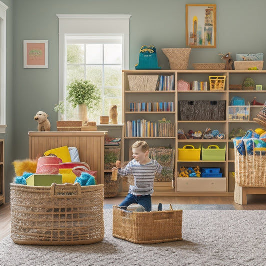 A clutter-free, well-organized playroom with a large, wooden, shelved bookcase, wicker storage baskets, and a labeled, stackable plastic bin system, surrounded by happy, playing children.