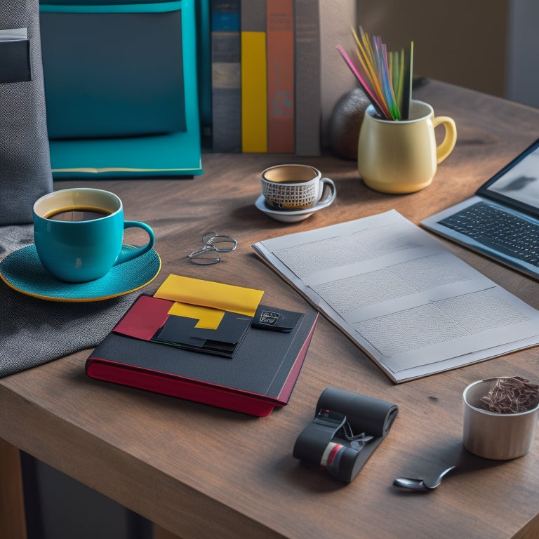 A tidy, organized workspace with a sleek, black binder lying open on a wooden desk, surrounded by colorful sticky notes, a cup of steaming coffee, and a few scattered paper clips.