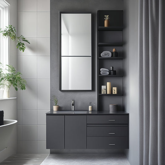 A sleek, minimalist bathroom cabinet with a matte black finish, featuring clean lines, open shelving, and brushed metal accents. Set against a concrete wall, with soft natural light illuminating the space.