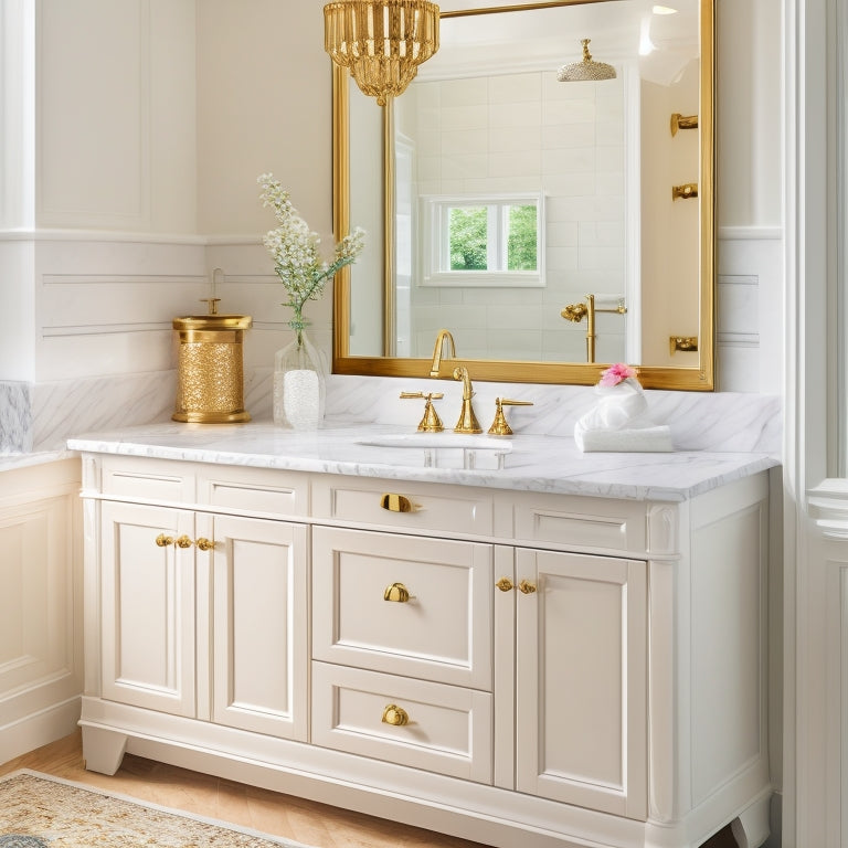 A serene white bathroom with a double sink vanity cabinet featuring ornate gold hardware, paired with a Carrara marble countertop and a stunning herringbone-patterned floor.